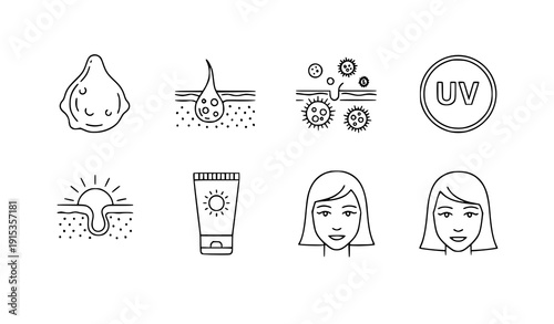 Face skin care line icon set pimple UV protection beauty outline vector