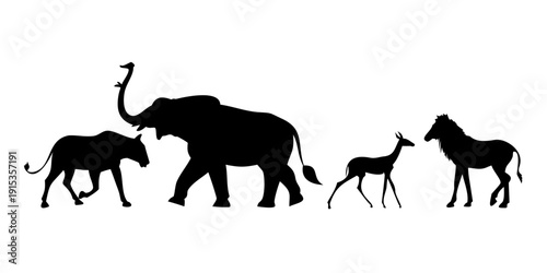 Minimalist black silhouettes of walking wild animals elephant zebra gazelle