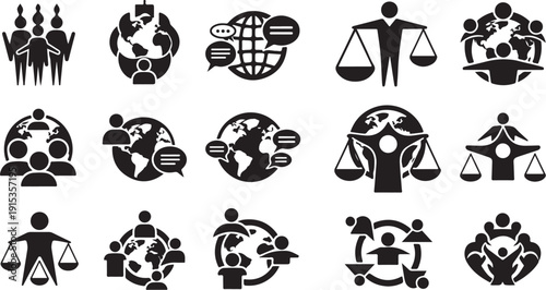 Justice and law icons set in black and white