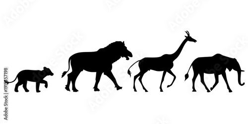 Minimalist black silhouettes of walking wild animals