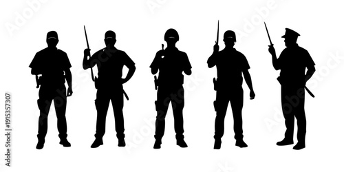 Police officers in various poses with batons and helmets silhouettes black white background