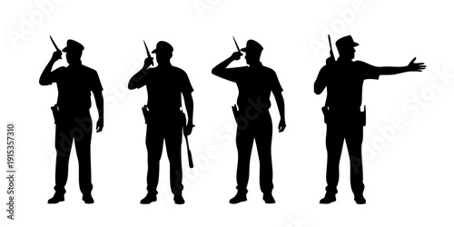 Police officers in various poses with radios and handguns silhouettes black white background