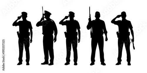 Police officers in various salute and positions silhouettes black white background
