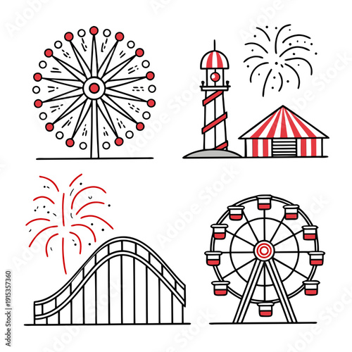 Red and white carnival with ferris wheel and roller coaster lighthouse tent
