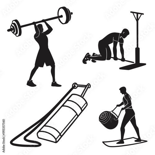 Six fitness gym equipment silhouettes with dumbbell and men exercising black silhouettes