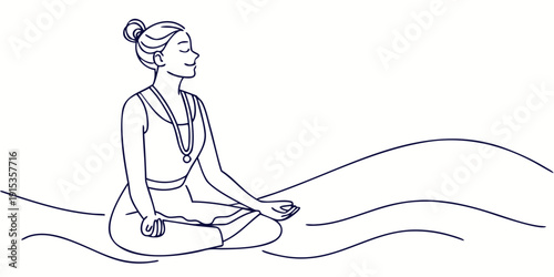Woman meditates in lotus position on white background with blue lines meditation