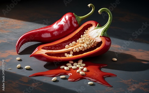 Red chili peppers with seeds on a dark surface