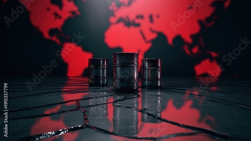Oil barrels on abstract world map red background. Crude oil production and refining industry. Copy paste, place for text