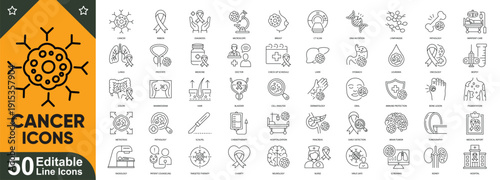 Cancer awareness line icon set. Including tumor, oncology, chemotherapy, biopsy, radiotherapy, ribbon, breast cancer, remission and medical treatment symbols. Editable stroke vector icon collection.
