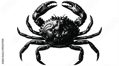 a black and white illustration of a crab with its claws raised up on white background