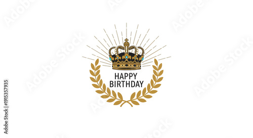 Illustration of a royal Japanese theme graphic celebrating Emperor's Birthday with a golden crown, laurel wreath, and 'Happy Birthday' text on a white background, conveying a luxurious and