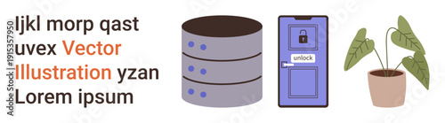 Data security, mobile technology, access control, privacy, tech decor, home security. Database server, locked smartphone potted plant. Data security and mobile technology