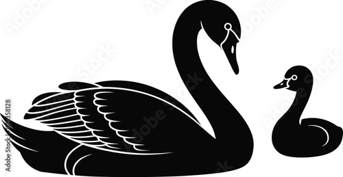 WebTwo black swan silhouettes featuring a large mother swan and a small baby cygnet with elegant curved necks isolated on a white background.
