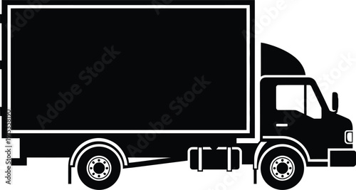 Black silhouette of a large delivery truck with a boxy cargo area and a cab
