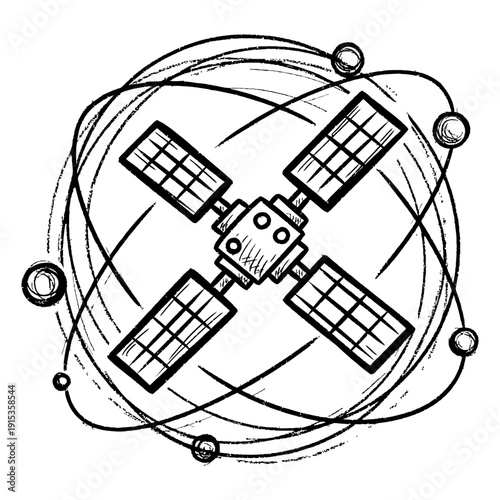 Hand drawn satellite sketch with solar panels and orbital rings isolated on white background