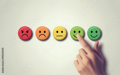 Hand selecting a happy emoticon button from a row of colorful emoticons