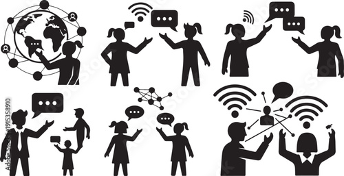 Silhouette icons of people communicating and connecting online globally