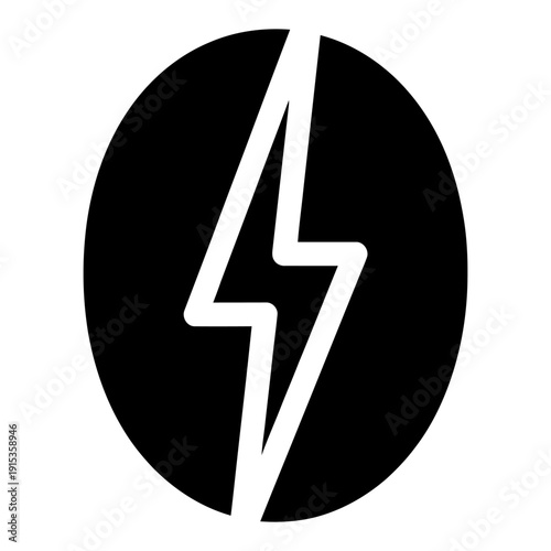 Coffee bean icon with lightning bolt symbol representing energy and caffeine boost isolated on white background