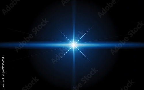 Shining blue star with lens flare effect on black background