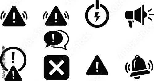 Warning, alert, and safety icons set, vectors. 