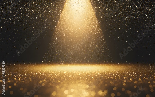 Golden spotlight shining down on glittering particles