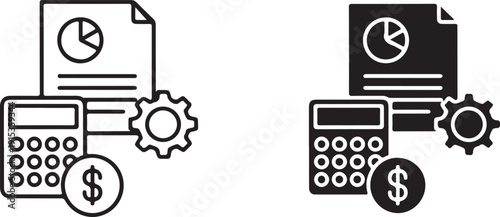 Financial reports calculators gears and dollar signs as icons