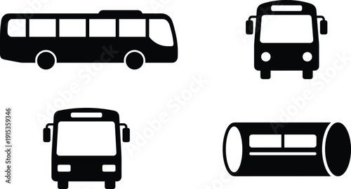 Modern Public Transport Bus Silhouette Collection with Side and Front Views Vector Icons Isolated on Light Background