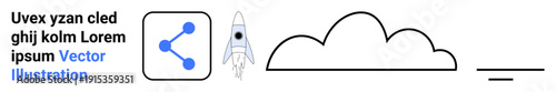 Innovation, technology, connectivity, data sharing, progress, exploration. Minimalist rocket launching beside a network symbol and outlined cloud. Innovation and technology concept