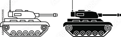 Military Tank Silhouette Side View with Detailed Tracks and Turret Vector Illustration Isolated on Light Background