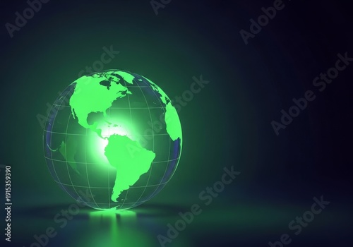 Glowing green digital Earth globe on dark reflective surface