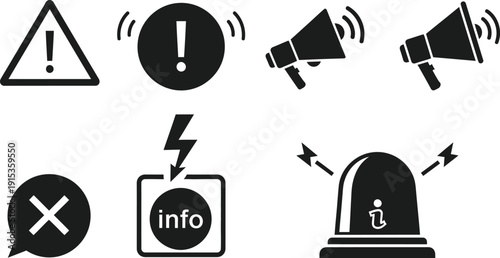 Warning, alert, and safety icons set, vectors. 