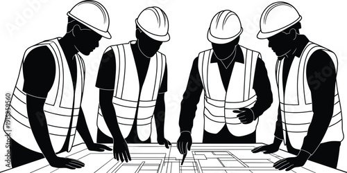 Construction engineers discussing blueprint plans teamwork silhouette illustration with safety helmets reflective vests architecture planning building site project management concept