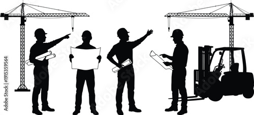 Construction engineering team silhouette coordinating building site operations with cranes blueprints and forklift isolated on white background industrial project management concept illustration