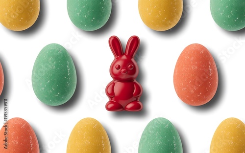 Colorful candy bunny and eggs isolated on white background