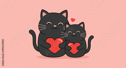 Two black cats hugging red hearts