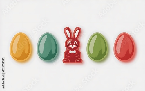 Colorful easter eggs and bunny candy on white background