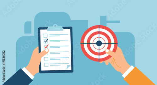 Two hands holding a checklist clipboard and a bullseye target