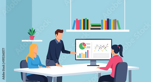 Business colleagues discussing data on computer screen in meeting