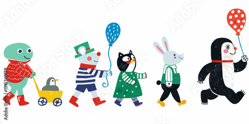 A whimsical parade of colorful cartoon animals and characters