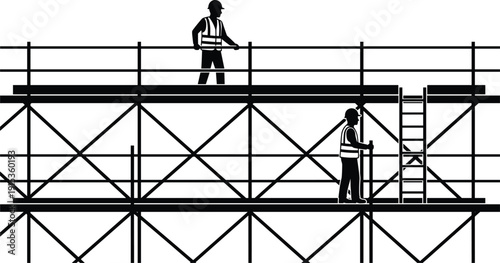 Construction workers silhouette working on scaffolding platforms with safety vests and ladder isolated on white background building site teamwork safety concept illustration
