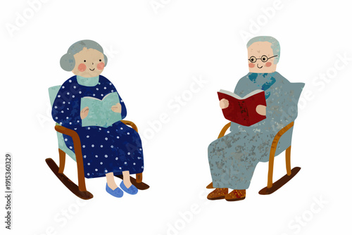 An elderly couple enjoys a quiet moment reading in rocking chairs