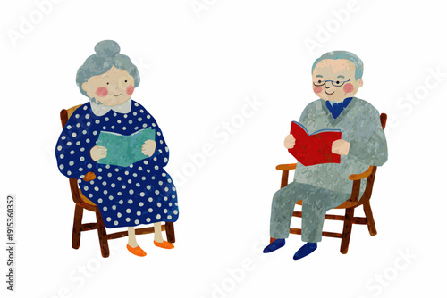 An elderly couple sits reading books in comfortable armchairs