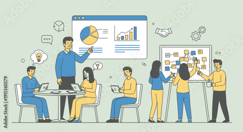 Team Collaboration in Office with Presentation Screens and Whiteboard