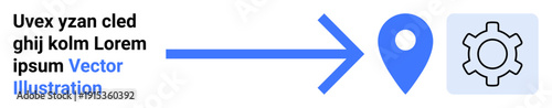 Blue arrow leading to a location pin and gear symbol in a square. Ideal for business workflow, automation, navigation, process management, technology, planning, simple landing page