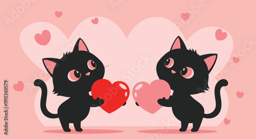 Two Black kittens exchanging hearts in a pink background
