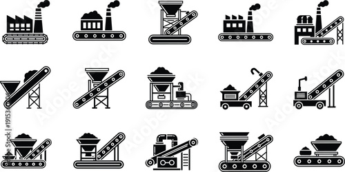 Industrial factory icons featuring conveyor belts production lines smoking chimneys and hopper systems for manufacturing logistics and heavy industry automated machinery equipment