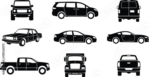 Car and Truck Silhouettes Set with Sedan SUV Van and Pickup Multiple Views Vector Illustration Isolated on Light Background