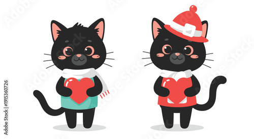 Two Black Cats Holding Hearts in Winter Outfit