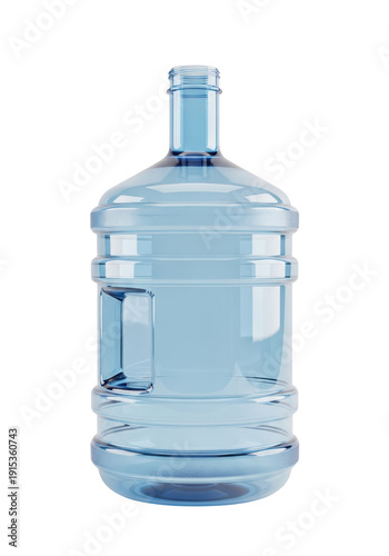 An empty five-gallon water cooler jug made of transparent blue plastic, isolated on a white studio background. Photorealistic 3d render. Concept of clean hydration