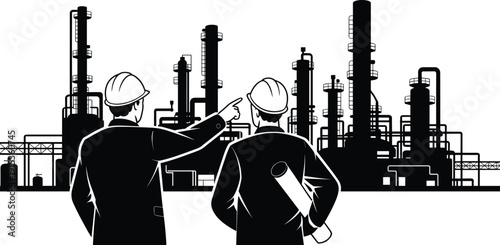 Industrial engineers silhouette vector illustration overseeing oil refinery plant infrastructure project planning safety inspection teamwork concept for energy industry branding marketing use